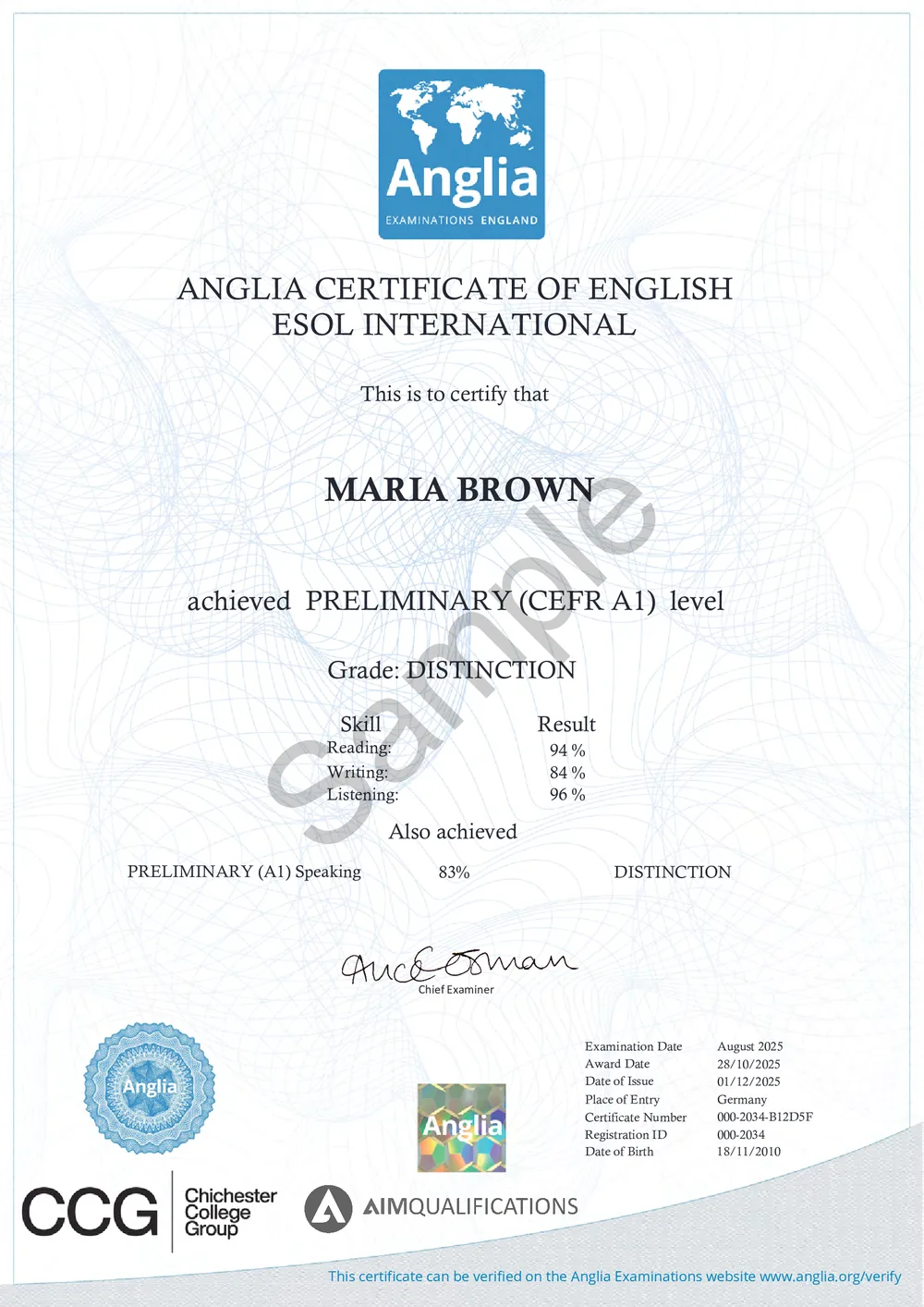 Certificado Anglia Examinations England